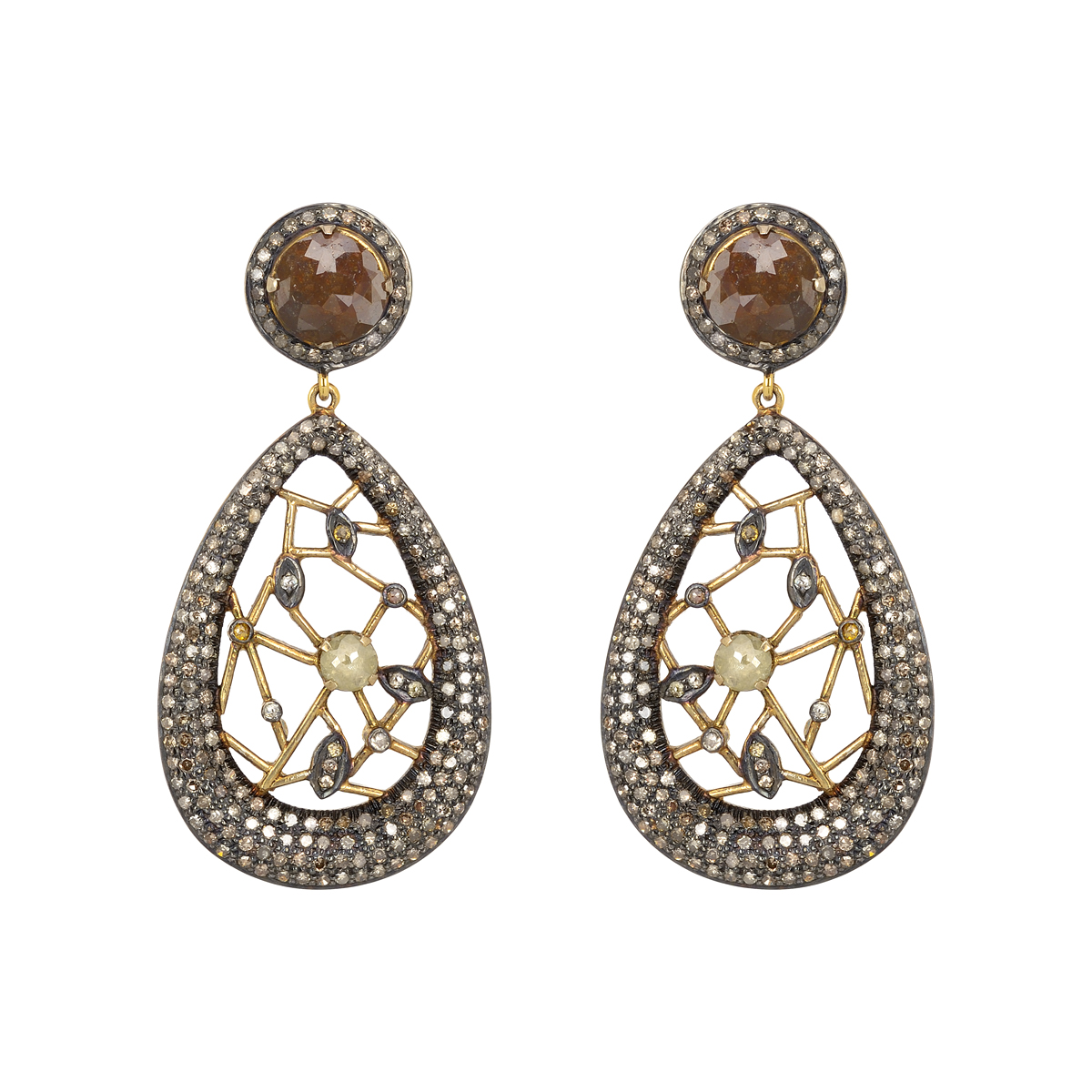 EARRINGS SILVER WITH BROWN AND GREEN DIAMONDS