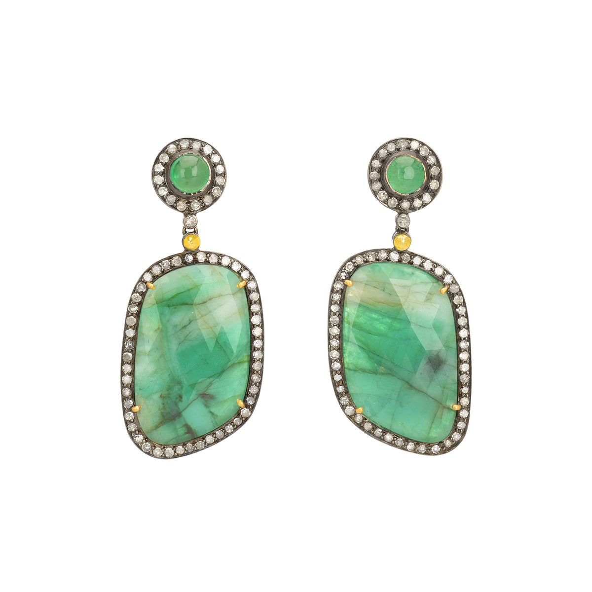 EARRINGS SILVER WITH EMERALDS AND BROWN DIAMONDS