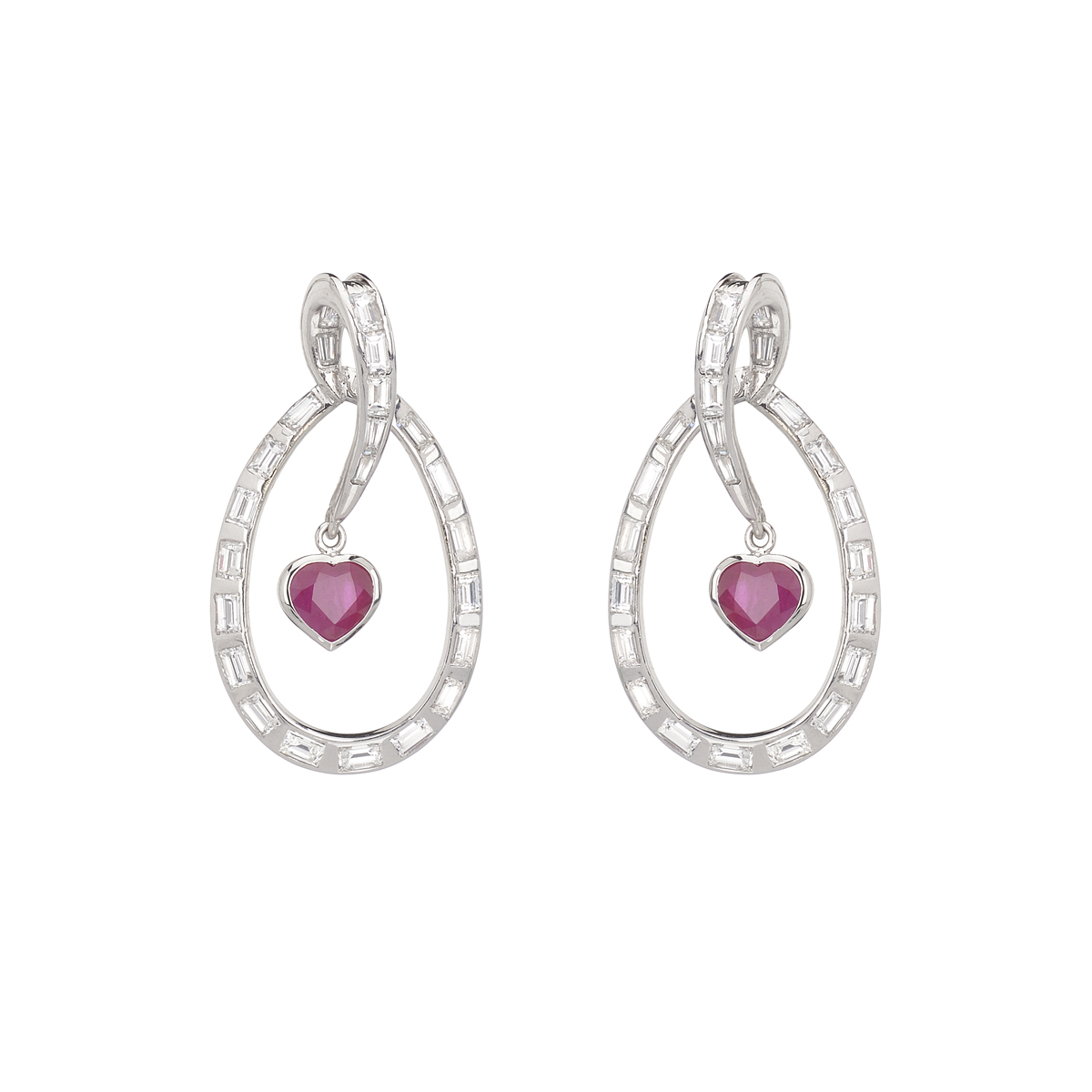 K18 WHITE GOLD HEART EARRINGS WITH DIAMONDS AND RUBIES