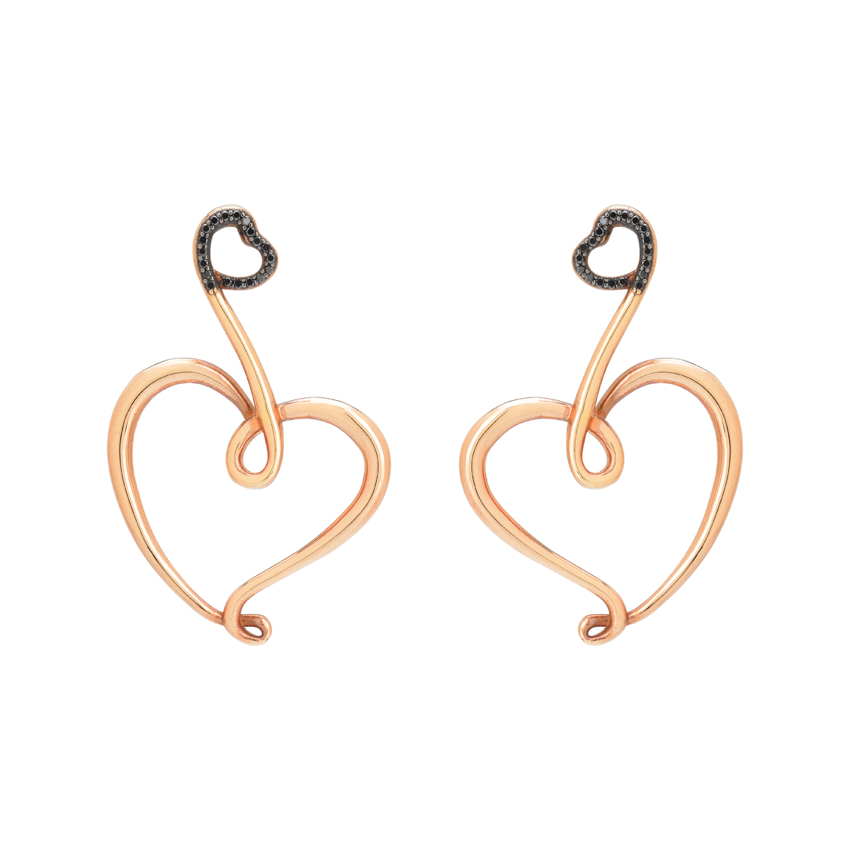 Κ18 ROSE GOLD HEART EARRINGS WITH BLACK DIAMONDS