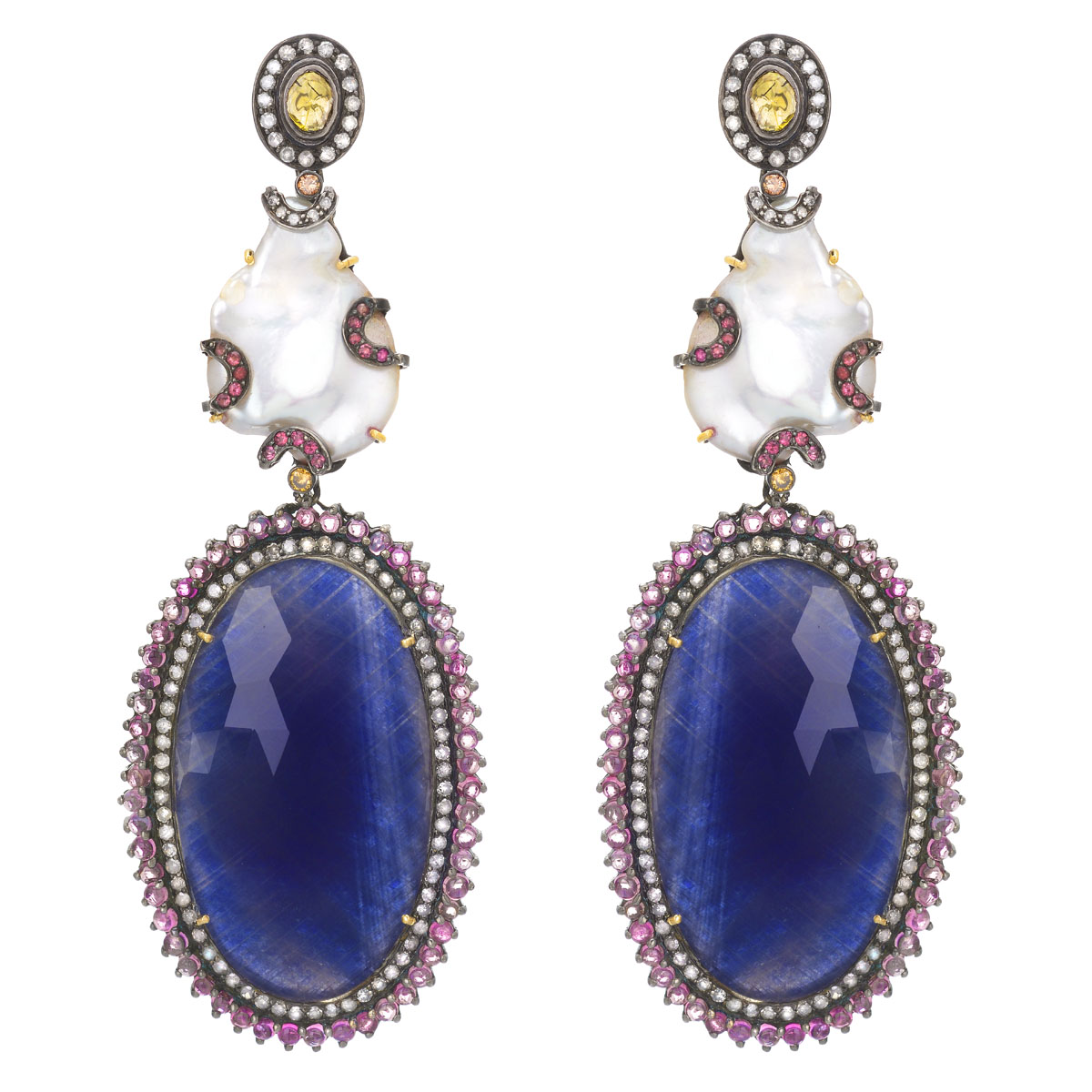 DIAMOND EARRINGS WITH SEMI-PRECIOUS STONES 925 STERLING SILVER