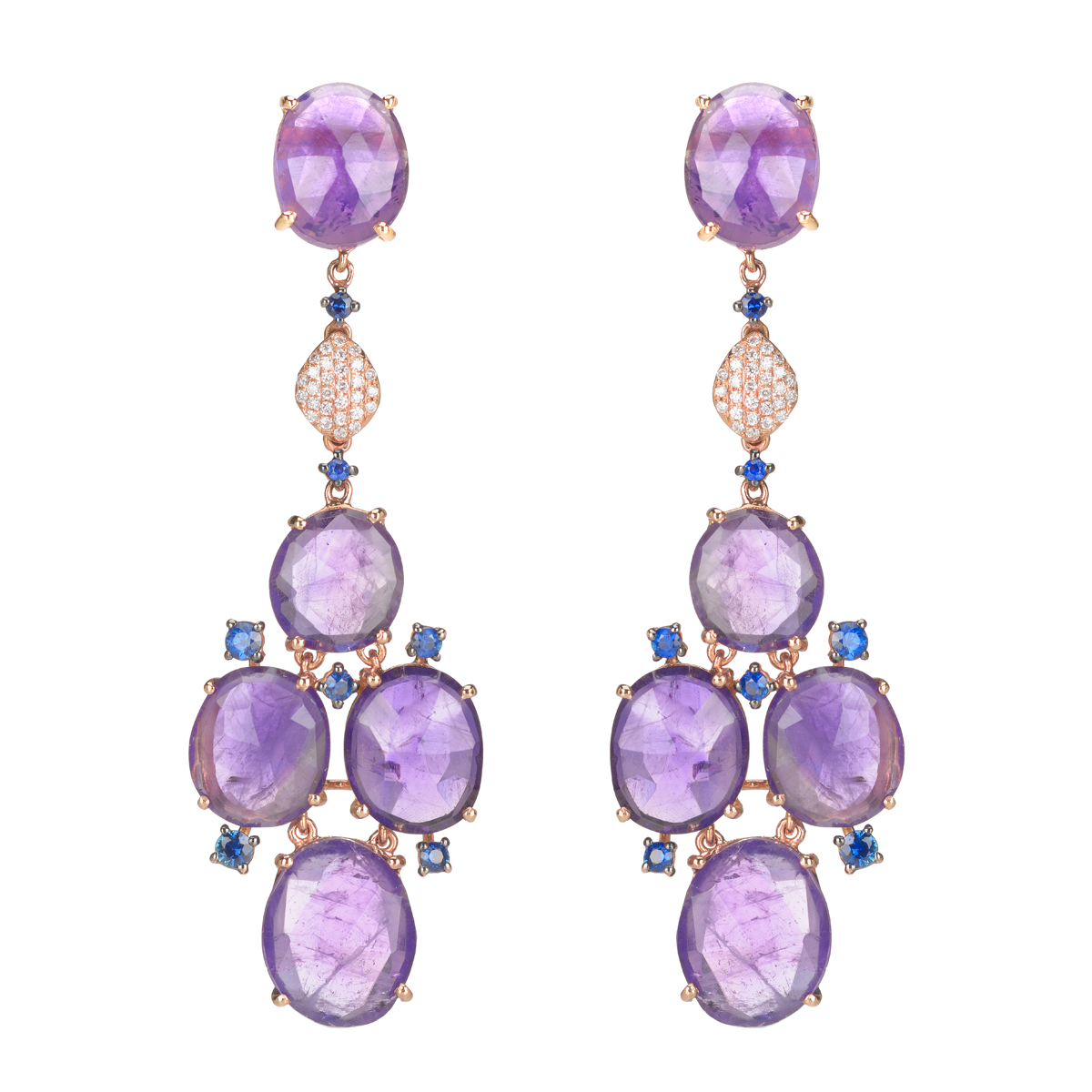 ROSE GOLD EARRINGS WITH DIAMONDS , AMETHYST AND BLUE SAPPHIRES