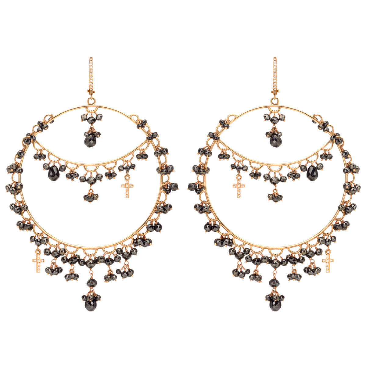ROSE GOLD K18 HOOPS WITH BLACK BEADS , CROSSES AND DIAMONDS