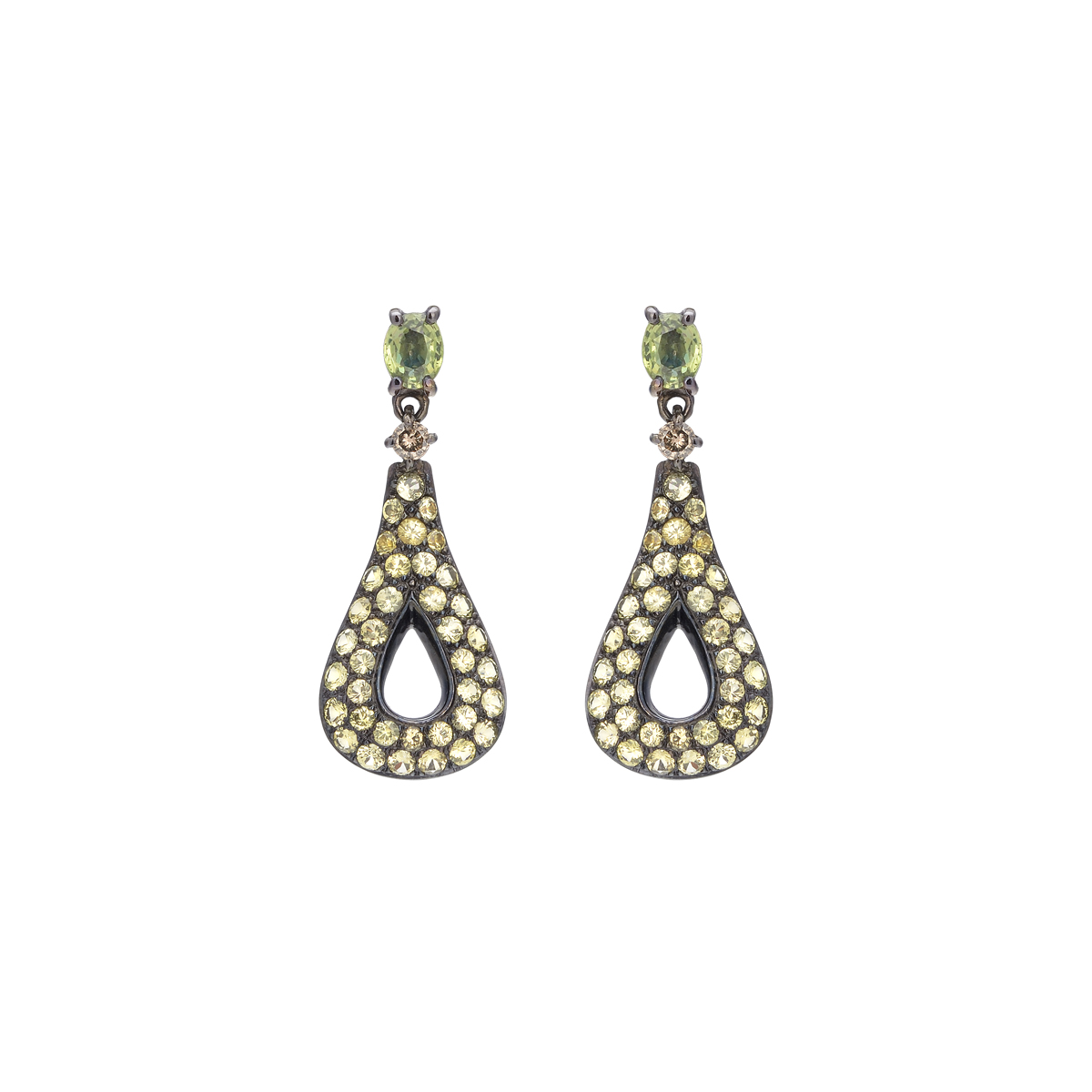 EARRINGS K18 BLACKENED WITH YELLOW,GREEN SAPPHIRES AND BROWN DIAMONDS