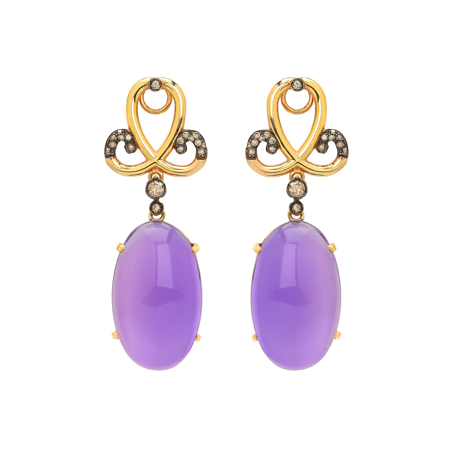 K18 YELLOW GOLD BROWN DIAMOND EARRINGS WITH AMETHYST