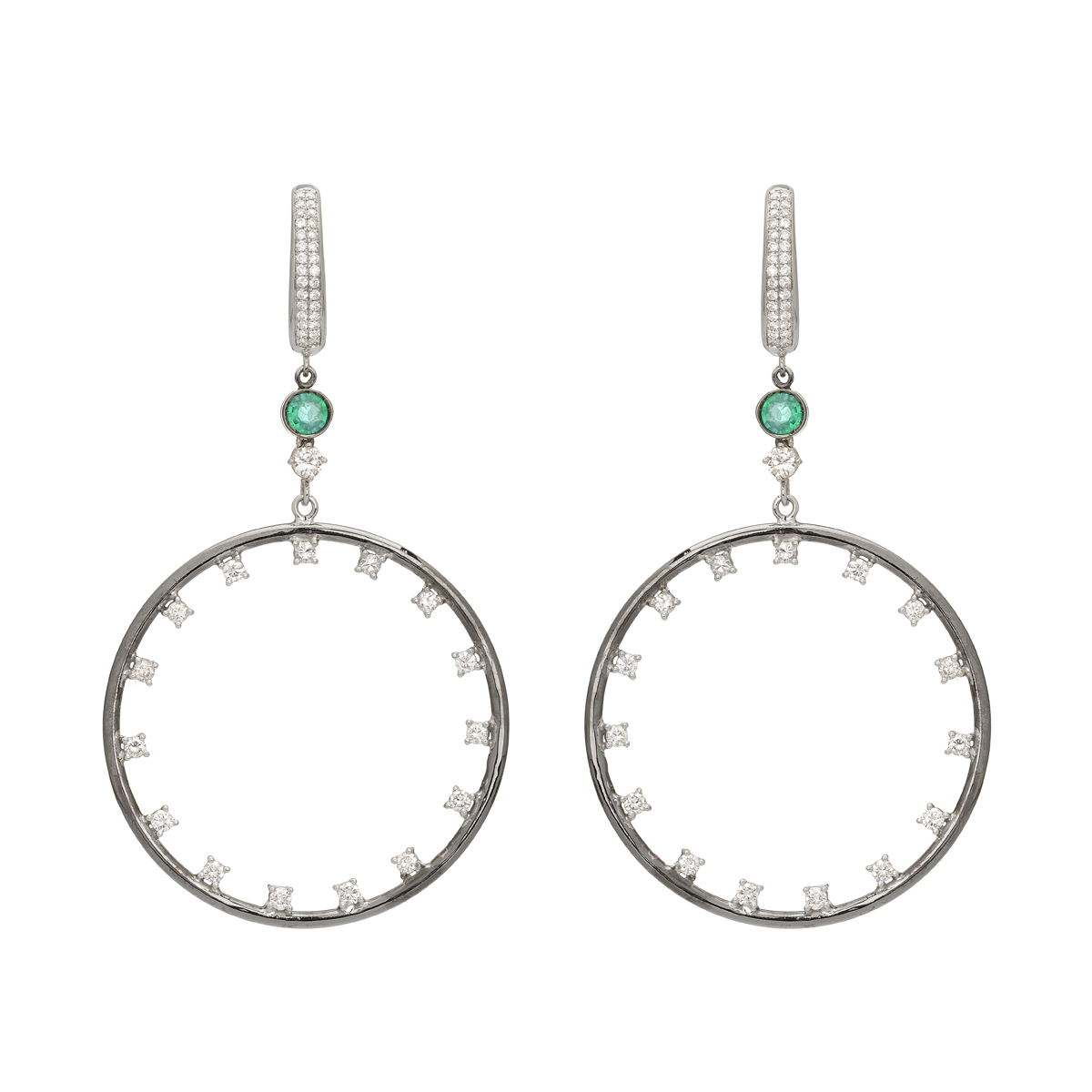 K18 BLACKENED GOLD DIAMOND HOOP EARRINGS WITH EMERALDS
