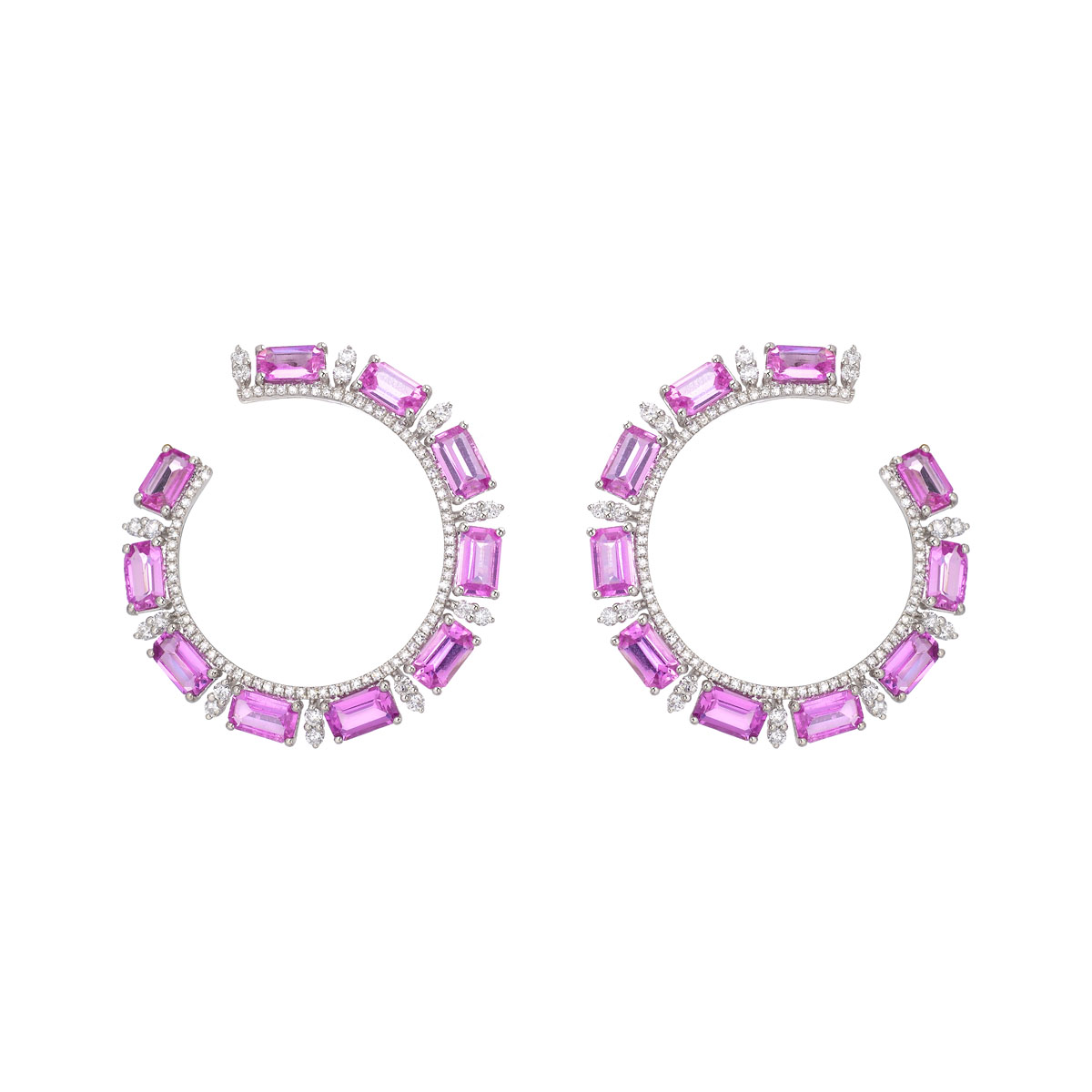 HOOP DIAMOND EARRINGS WITH PINK SAPPHIRES K18 WHITE GOLD