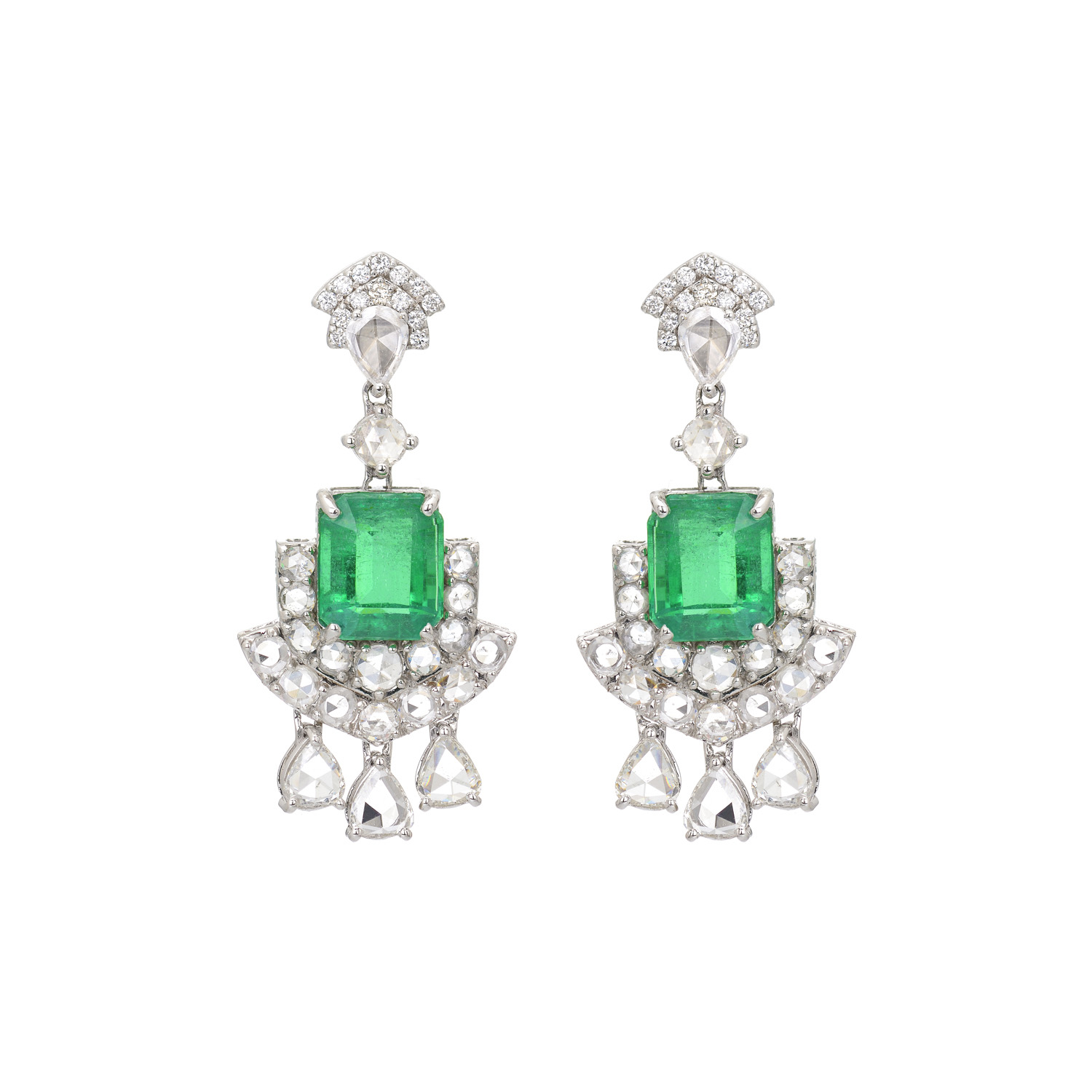 DIAMOND EARRINGS WITH EMERALDS 18K WHITE GOLD