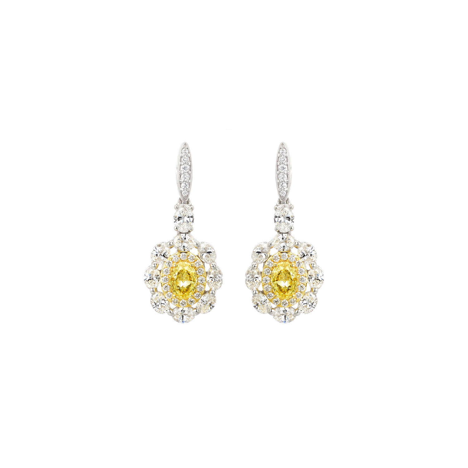 18K WHITE GOLD EARRINGS WITH FANCY YELLOW DIAMOND AND BRILLIANT DIAMONDS