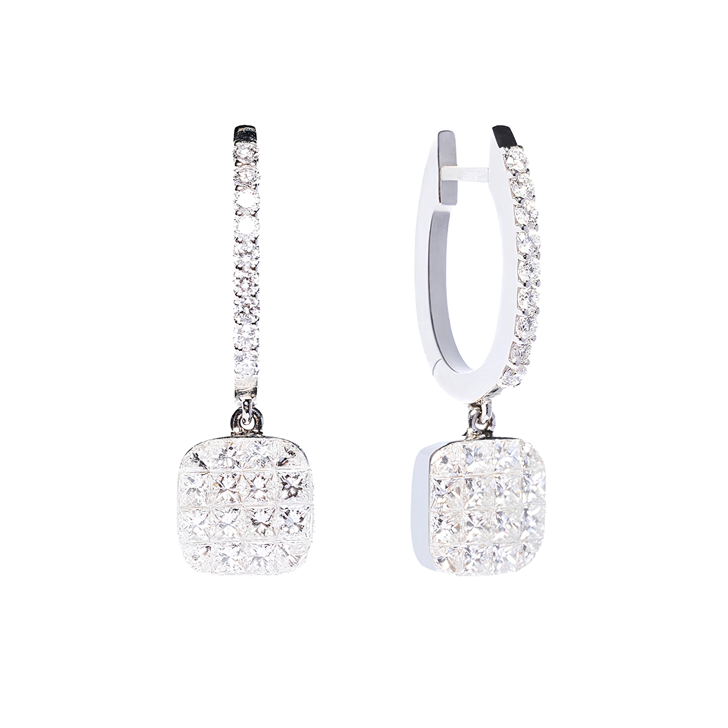 EARRINGS IN 18K WHITE GOLD WITH ROUND AND STEP CUT DIAMONDS