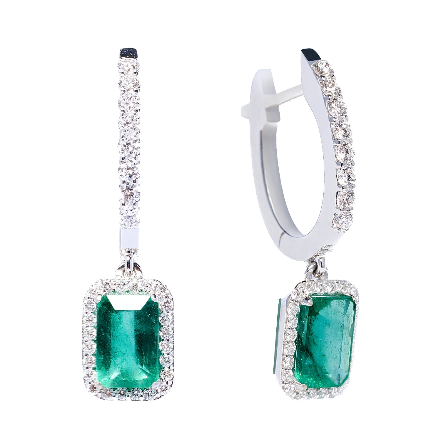 EARRINGS IN 18K WHITE GOLD WITH EMERALDS AND DIAMONDS
