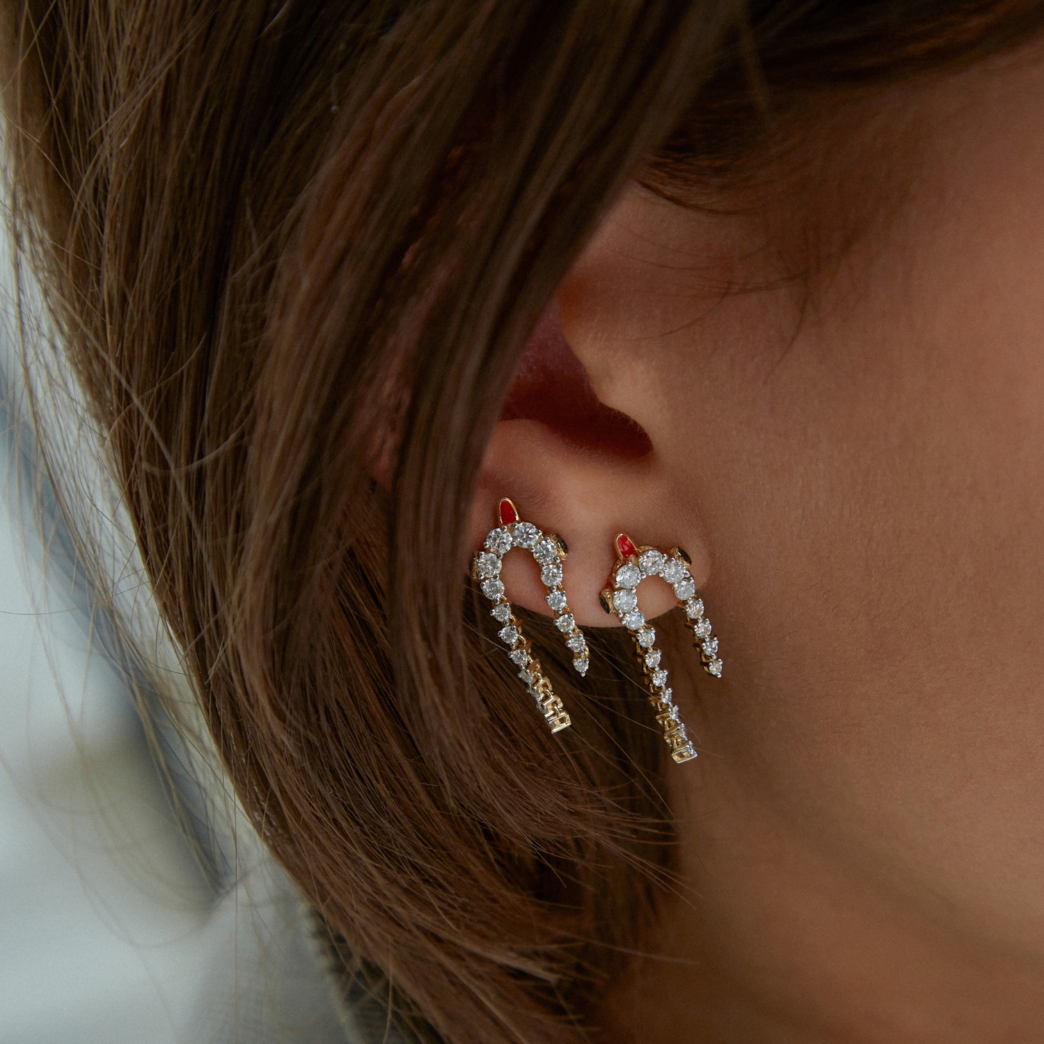 YVONNE LEON MINI MONO PYTHON EARRING WITH BLACK, WHITE BRIAN AND RED ENAMEL