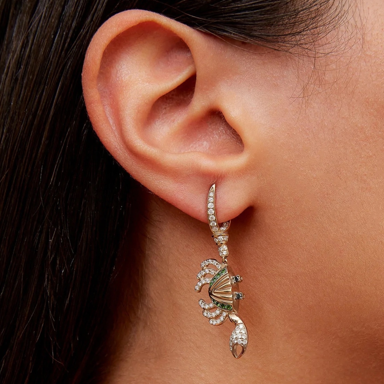 YVONNE LEON SINGLE CRAB EARRING WITH WHITE, BLACK DIAMONDS AND TSAVORITES