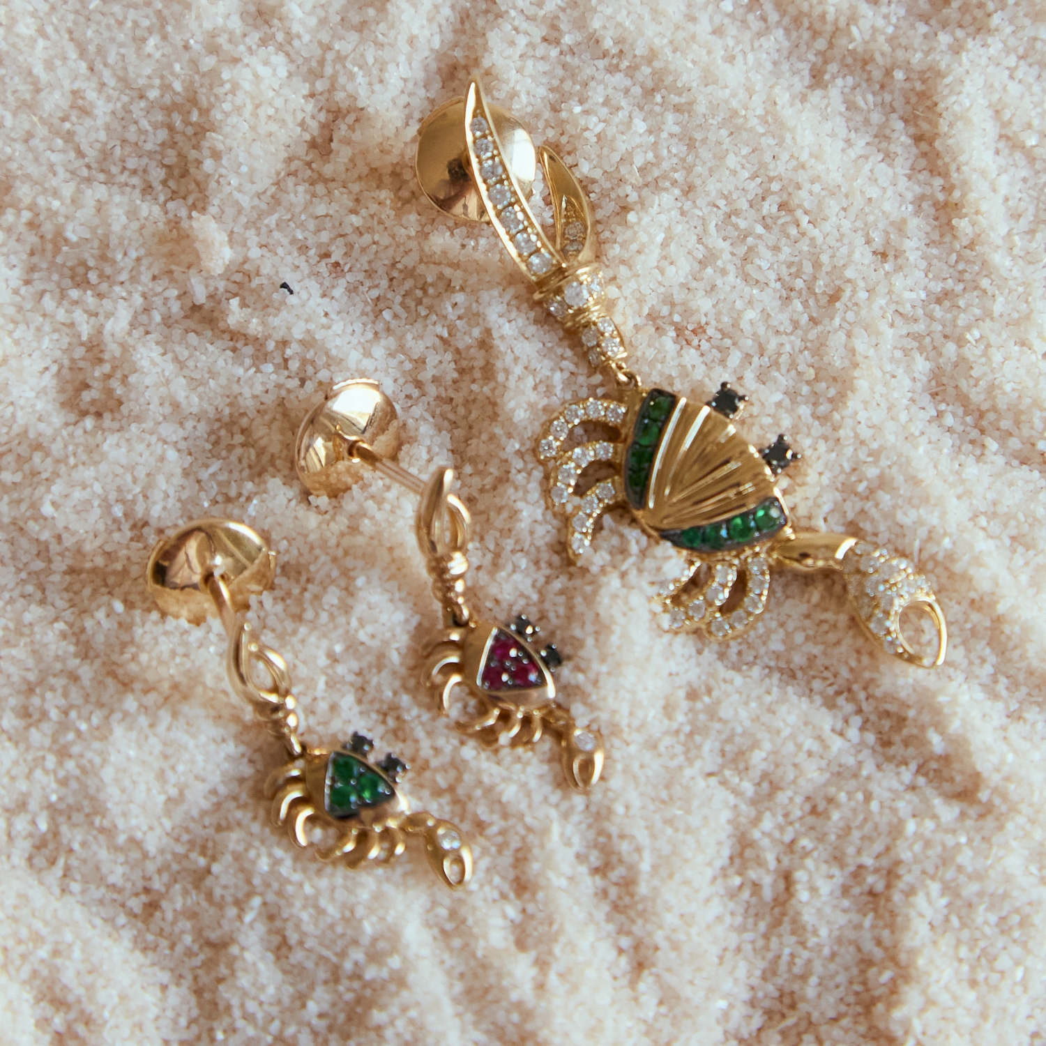 YVONNE LEON SINGLE CRAB EARRING WITH WHITE, BLACK DIAMONDS AND TSAVORITES
