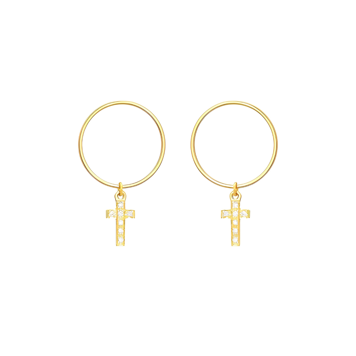 14K GOLD HOOP EARRINGS WITH CROSS AND DIAMONDS