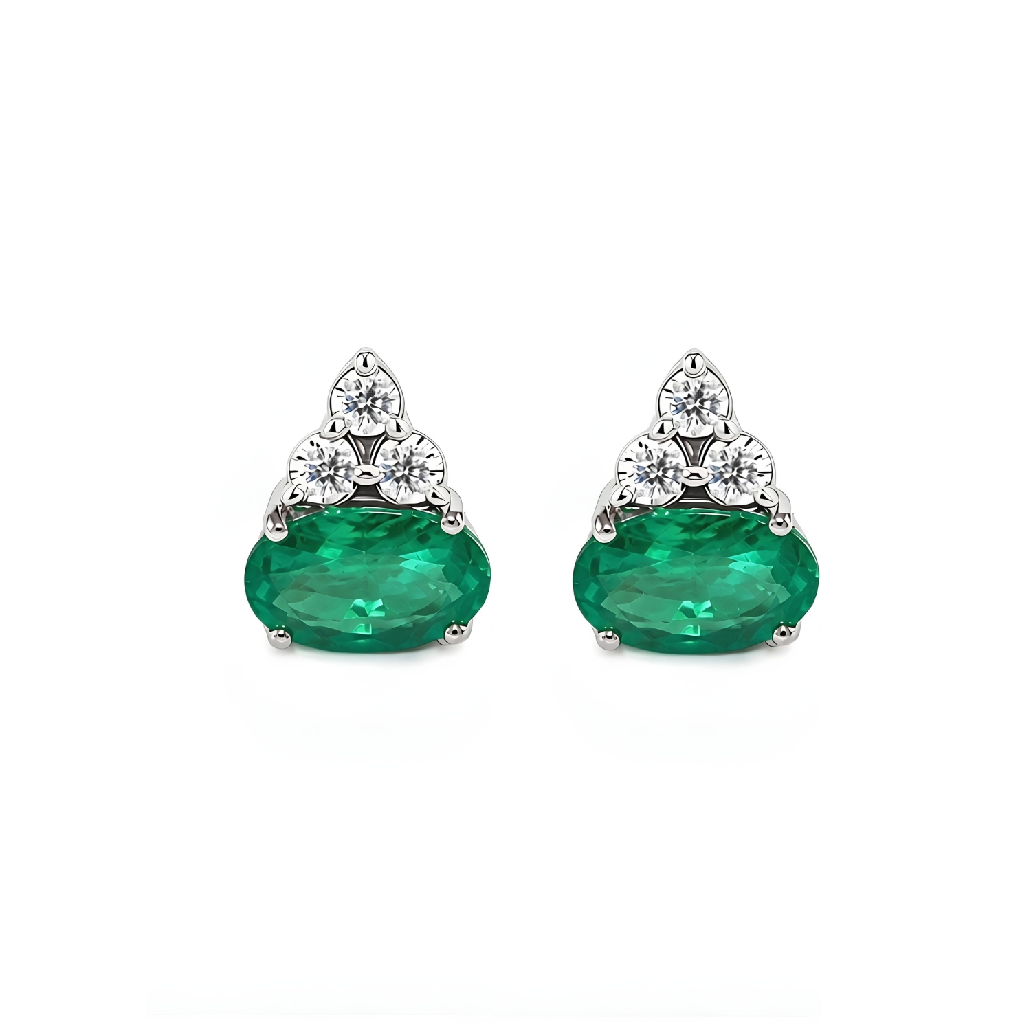 18K WHITE GOLD EARRINGS WITH OVAL EMERALDS AND DIAMONDS