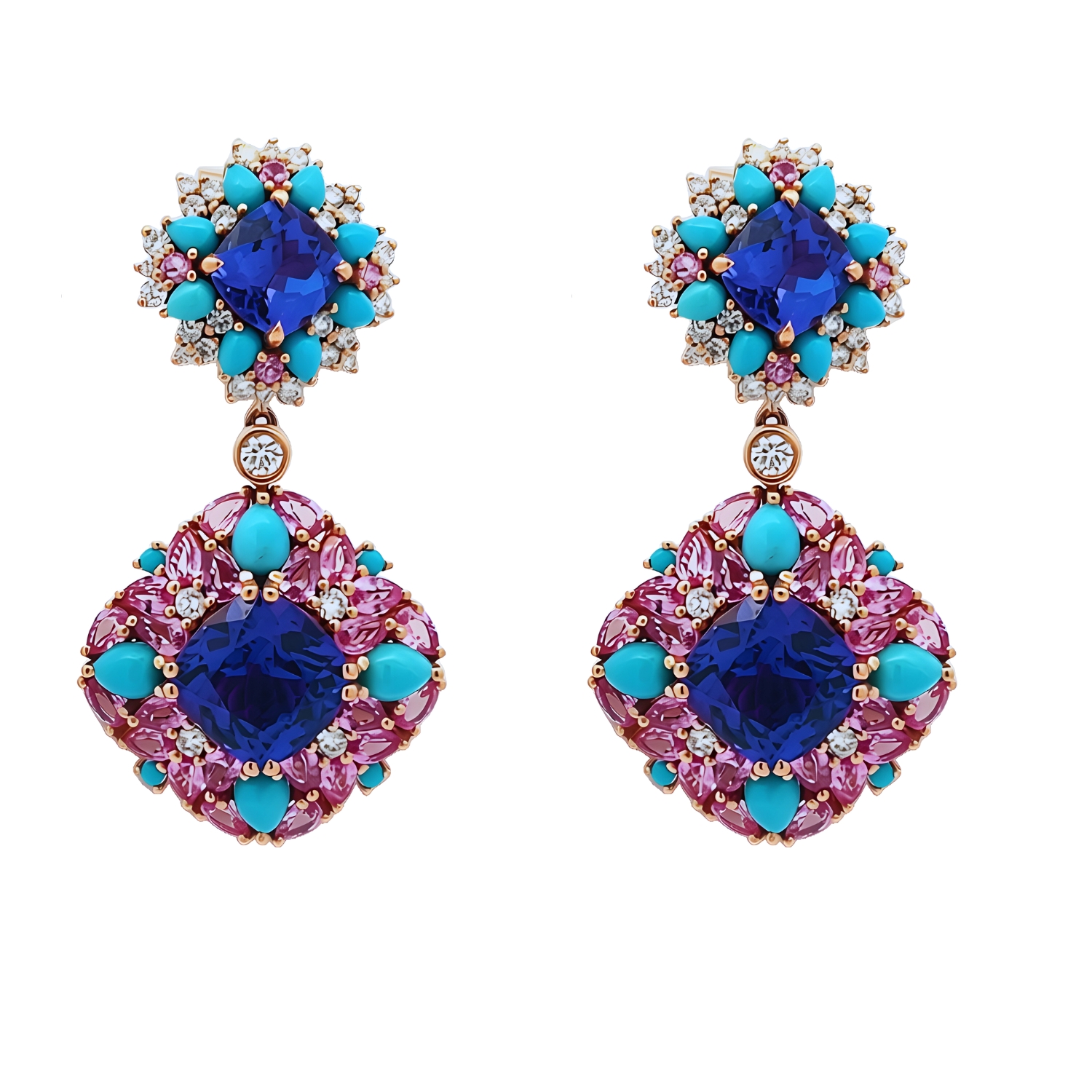 18K ROSE GOLD EARRINGS WITH DIAMONDS PINK SAPPHIRES AND TANZANITES