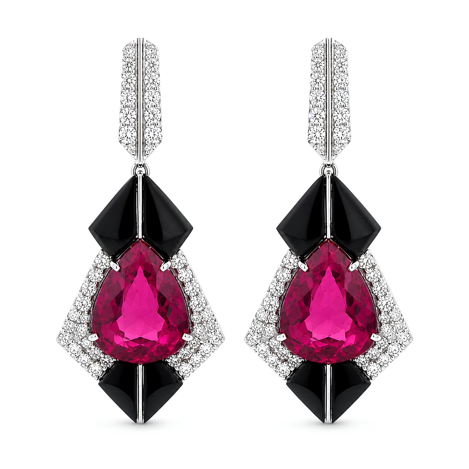18K WHITE GOLD EARRINGS WITH DIAMONDS ONYX AND RUBELLITE
