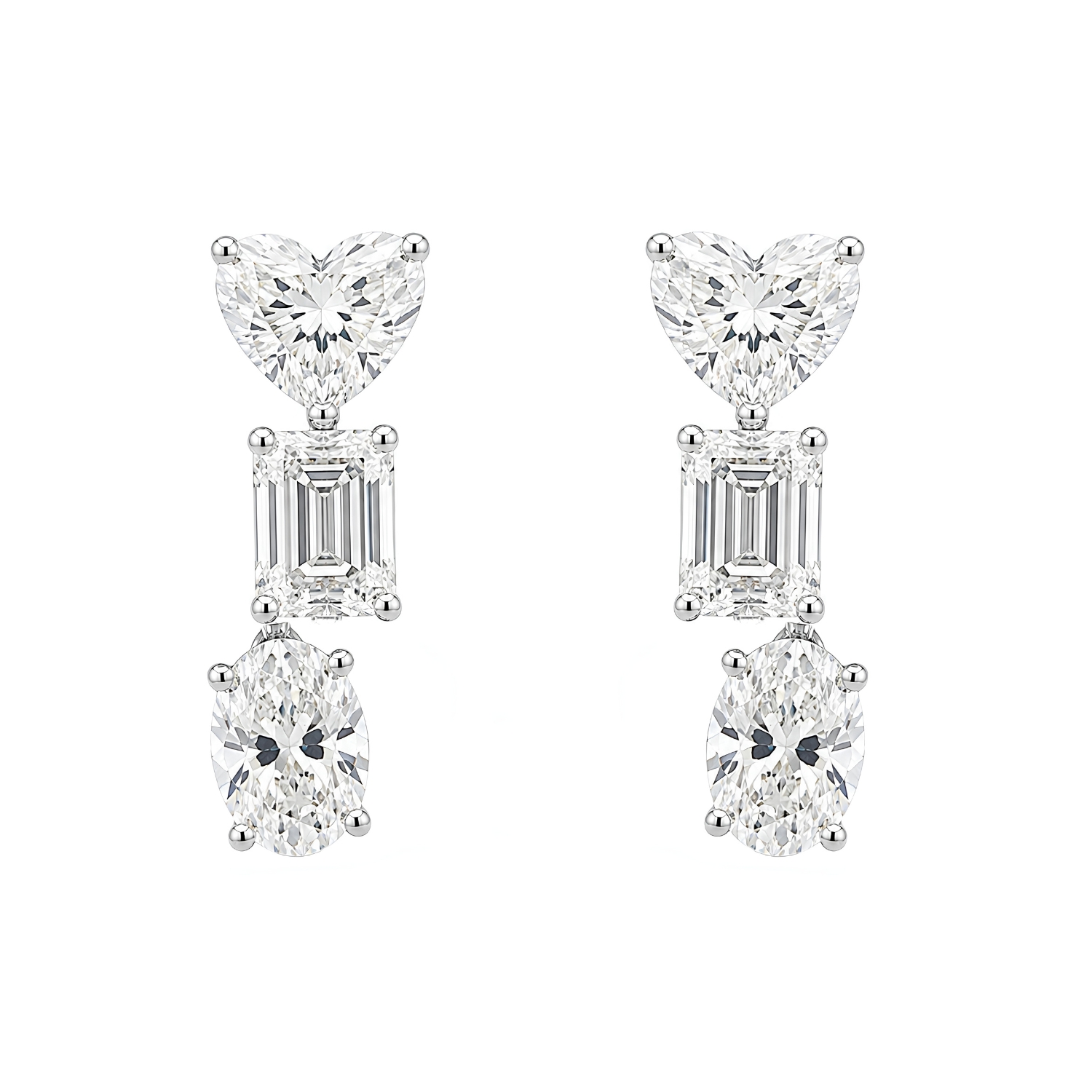Κ18 WHITE GOLD EARRINGS WITH DIAMONDS HEART SHAPE OVAL & EMERALD CUT