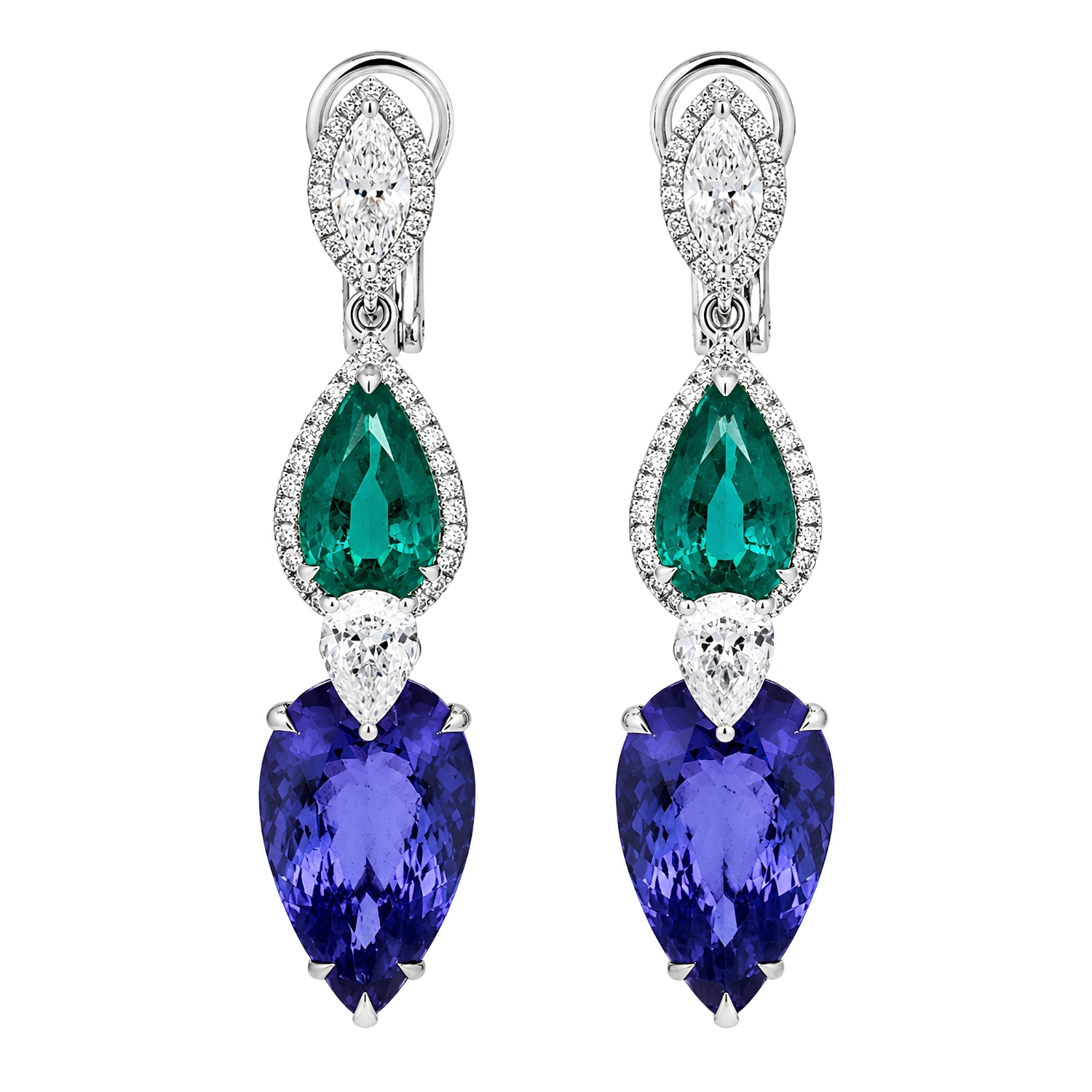 18K WHITE GOLD EARRINGS WITH EMERALDS TANZANITES AND DIAMONDS