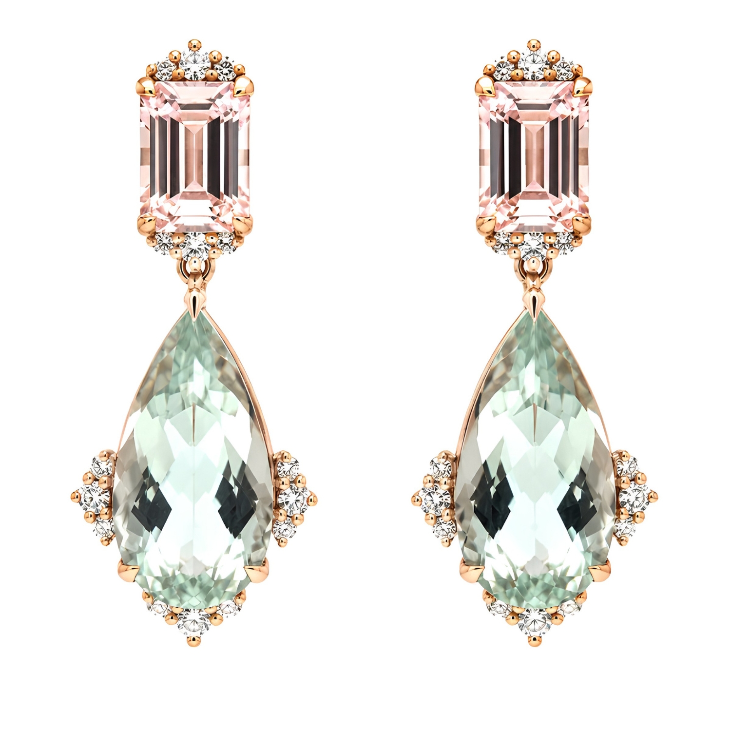 Κ18 GOLD EARRINGS WITH AQUAMARINE DIAMONDS AND MORGANITE