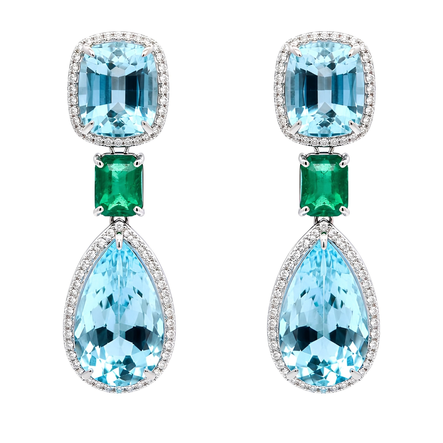 18K WHITE GOLD EARRINGS WITH BRILLIANT CUT DIAMONDS AQUAMARINE AND EMERALDS