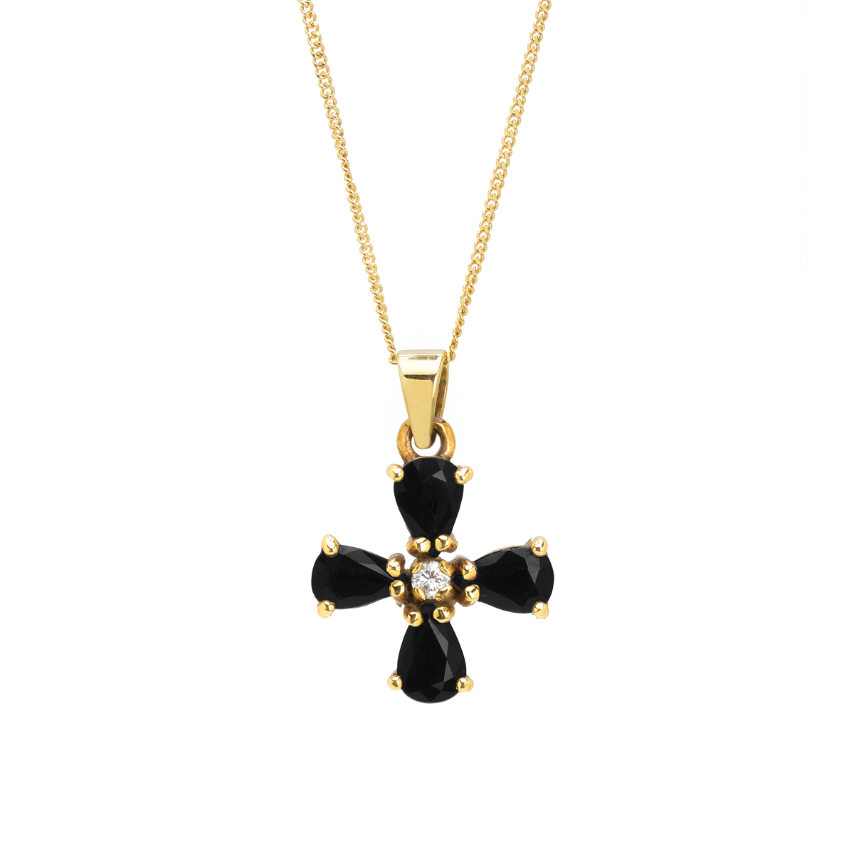YELLOW GOLD CROSS WITH SAPPHIRES DIAMONDS AND CHAIN