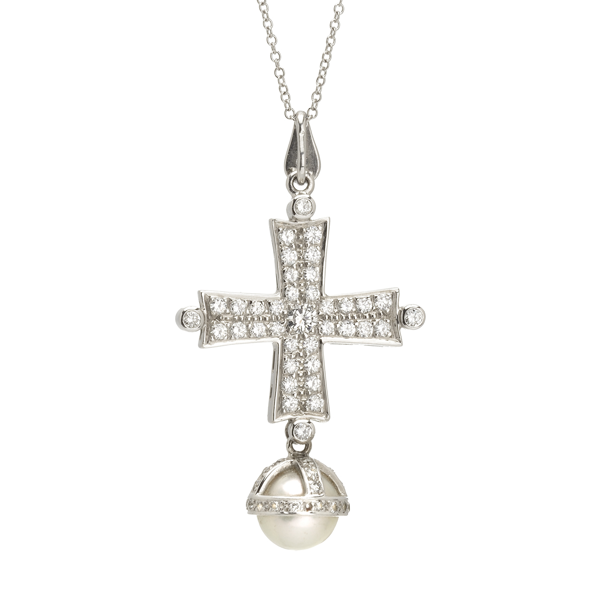 K18 WHITE GOLD CROSS WITH DIAMONDS PEARL AND CHAIN