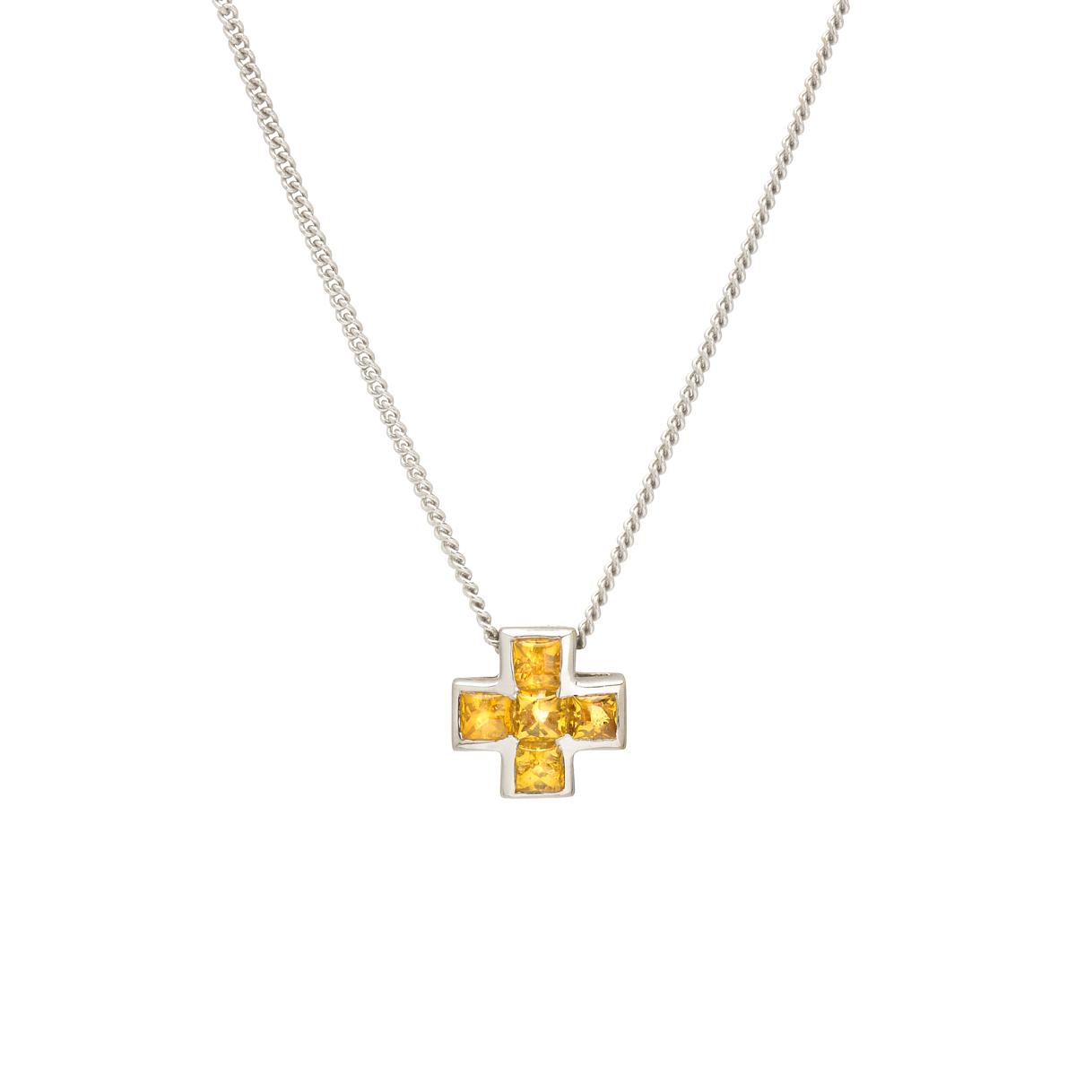K18 WHITE GOLD CROSS WITH YELLOW SAPPHIRES AND CHAIN