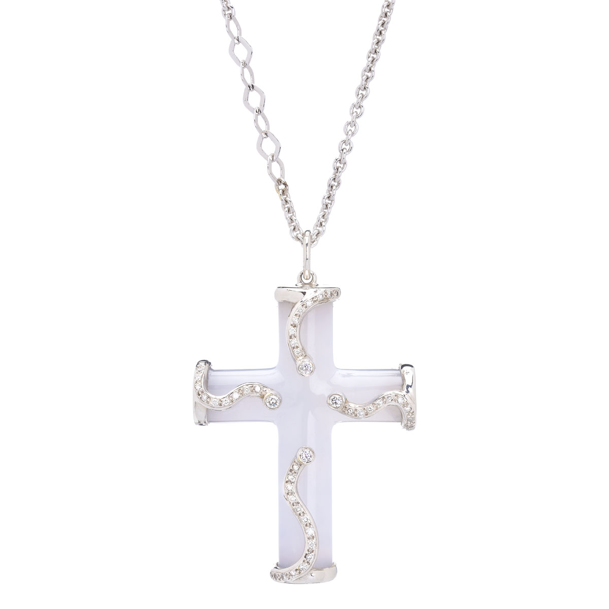 DIAMOND CROSS WITH SEMI-PRECIOUS STONE AND CHAIN K18 WHITE GOLD