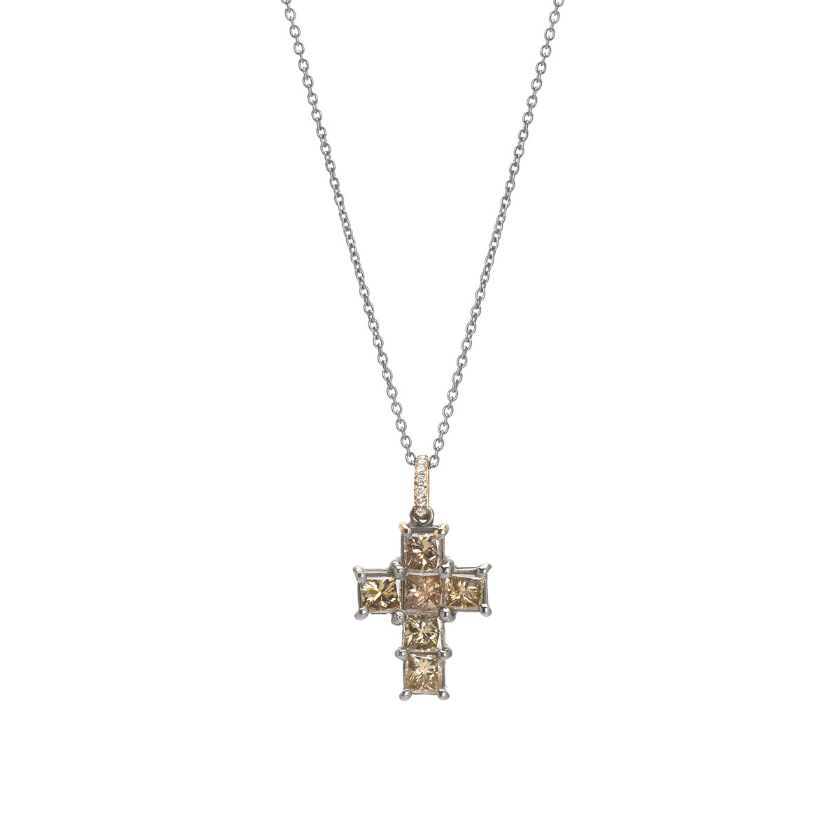 K18 BLACKENED GOLD PRINCESS BROWN DIAMOND CROSS WITH CHAIN