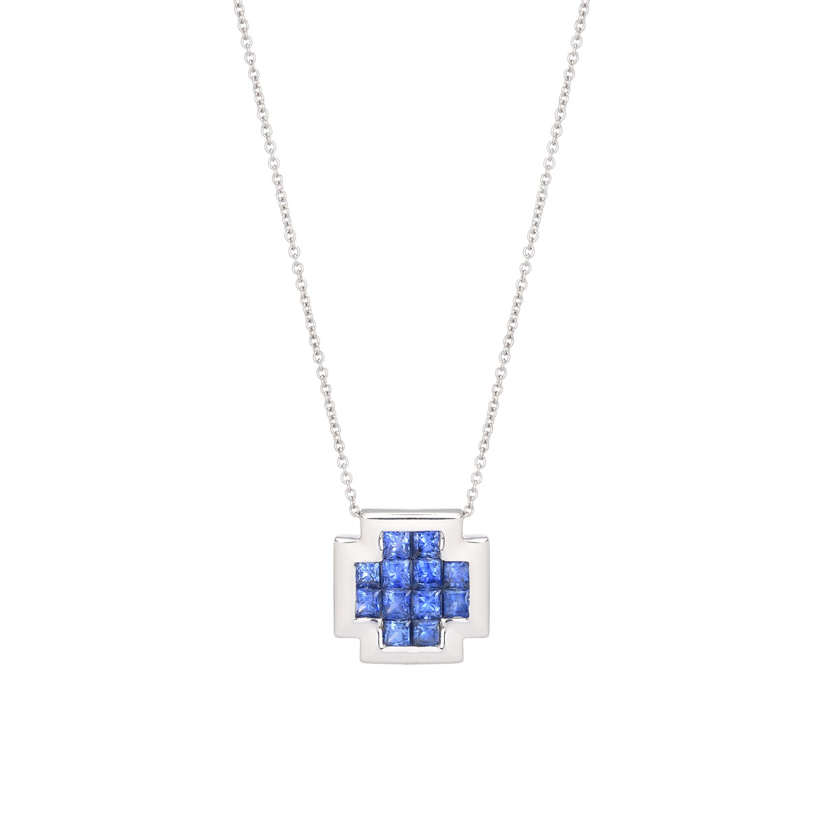 K18 WHITE GOLD CROSS WITH SAPPHIRES AND CHAIN