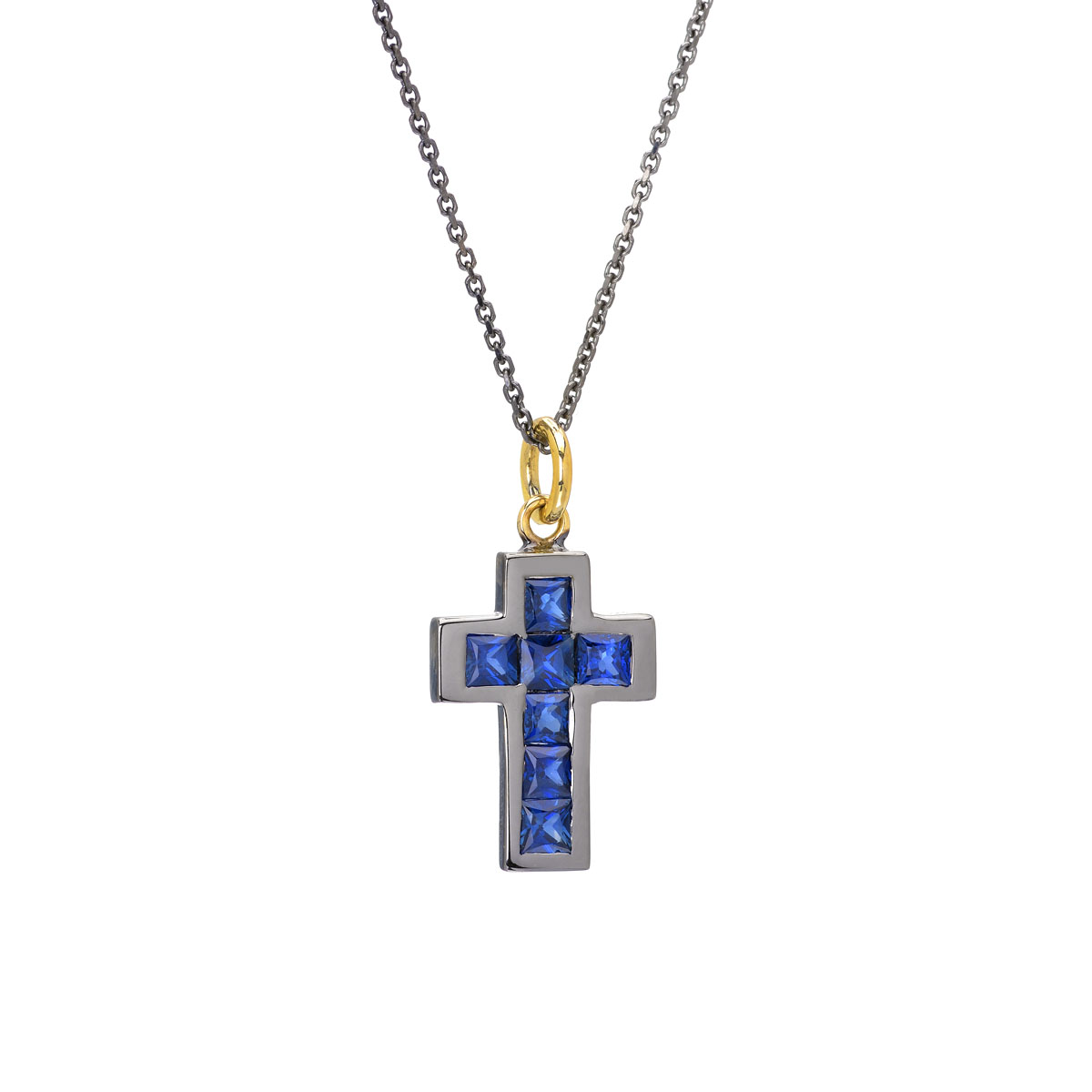 CROSS WITH SAPPHIRES AND CHAIN BLACKENED GOLD