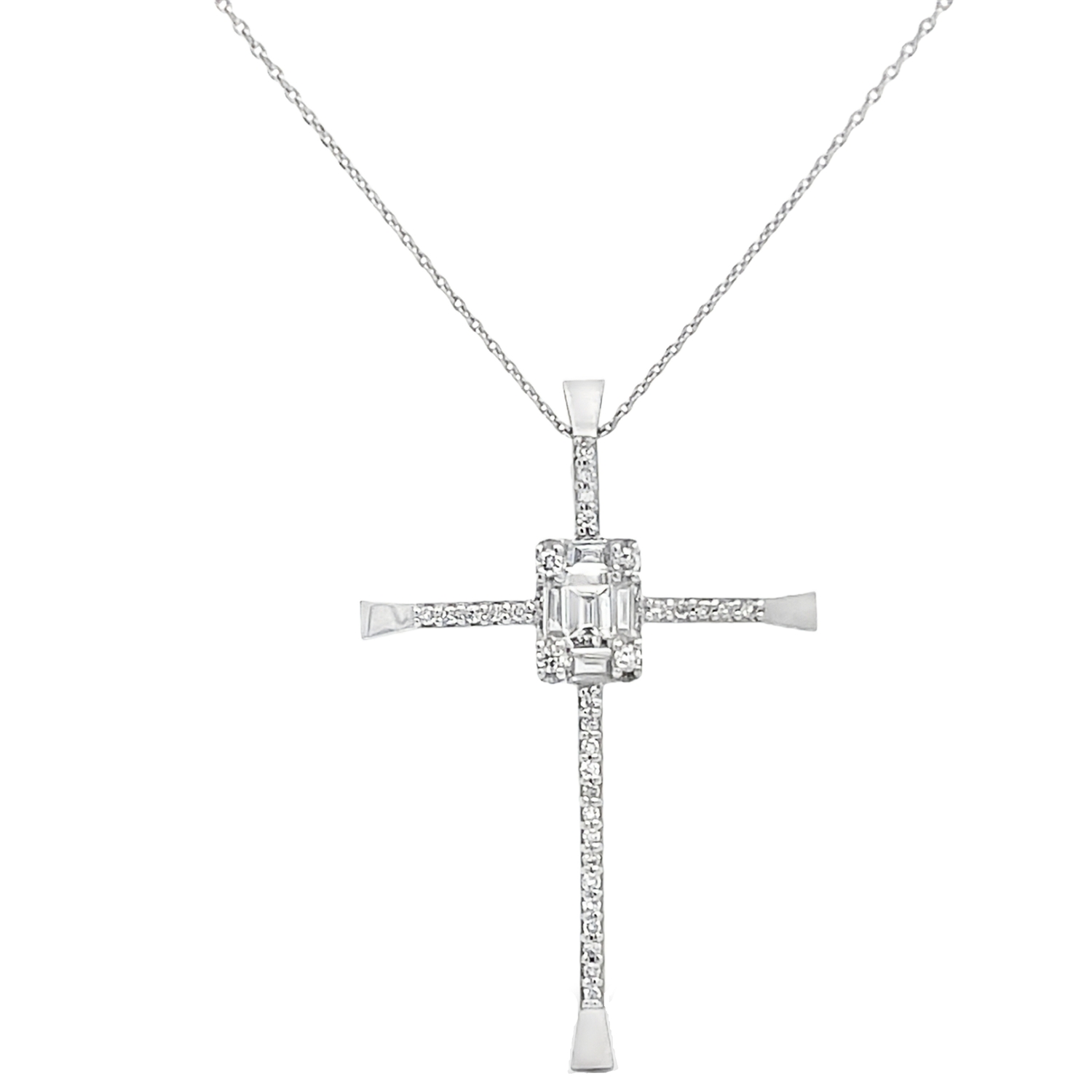 K18 CROSS WITH EMERALD CUT, BAGUETTE & ROUND DIAMONDS
