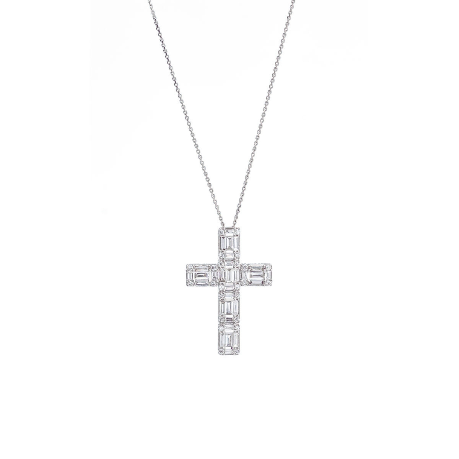 Κ18 WHITE GOLD CROSS WITH ROUND & BAGUETTE DIAMONDS