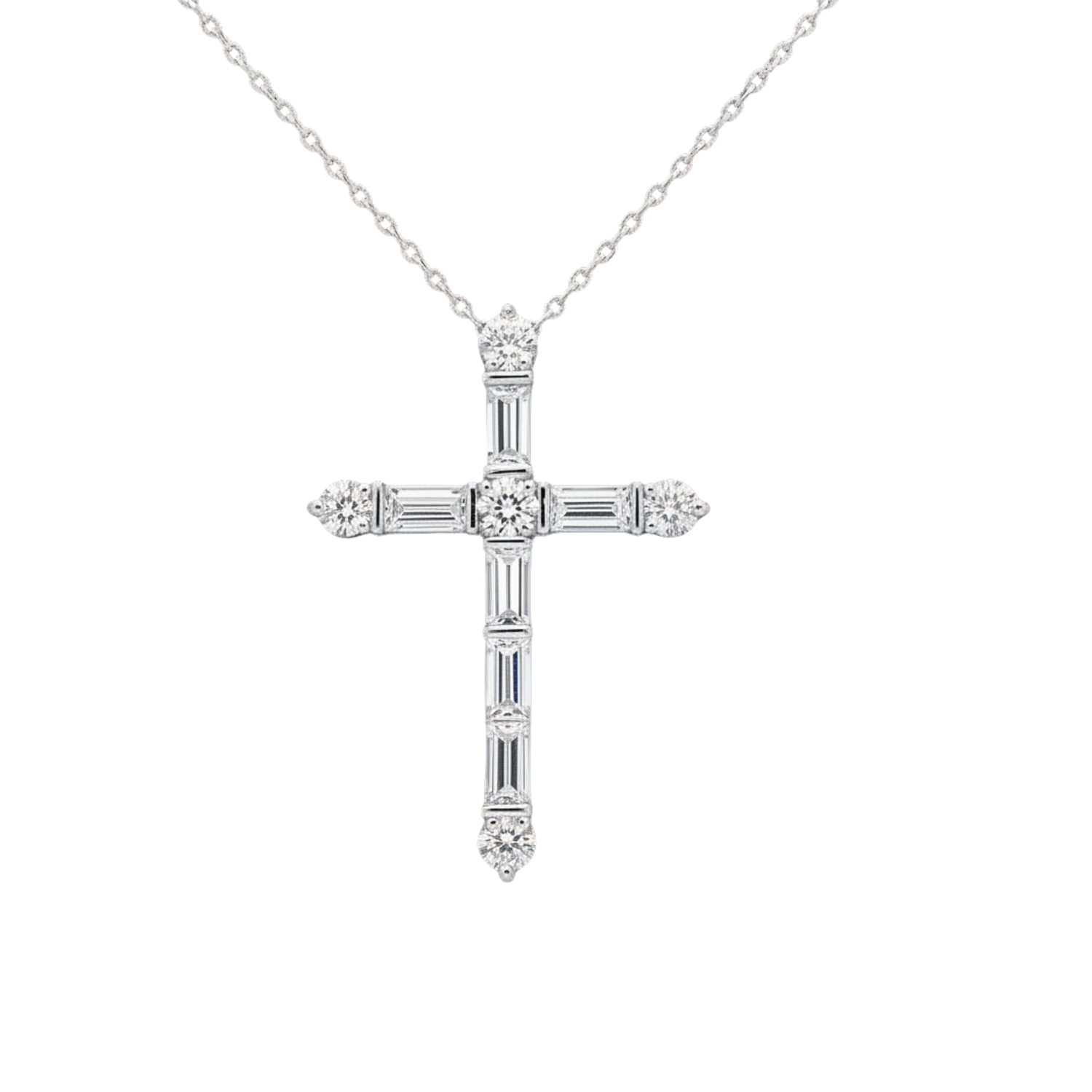 K18 WHITE GOLD CROSS WITH ROUND AND BAGUETTE DIAMONDS
