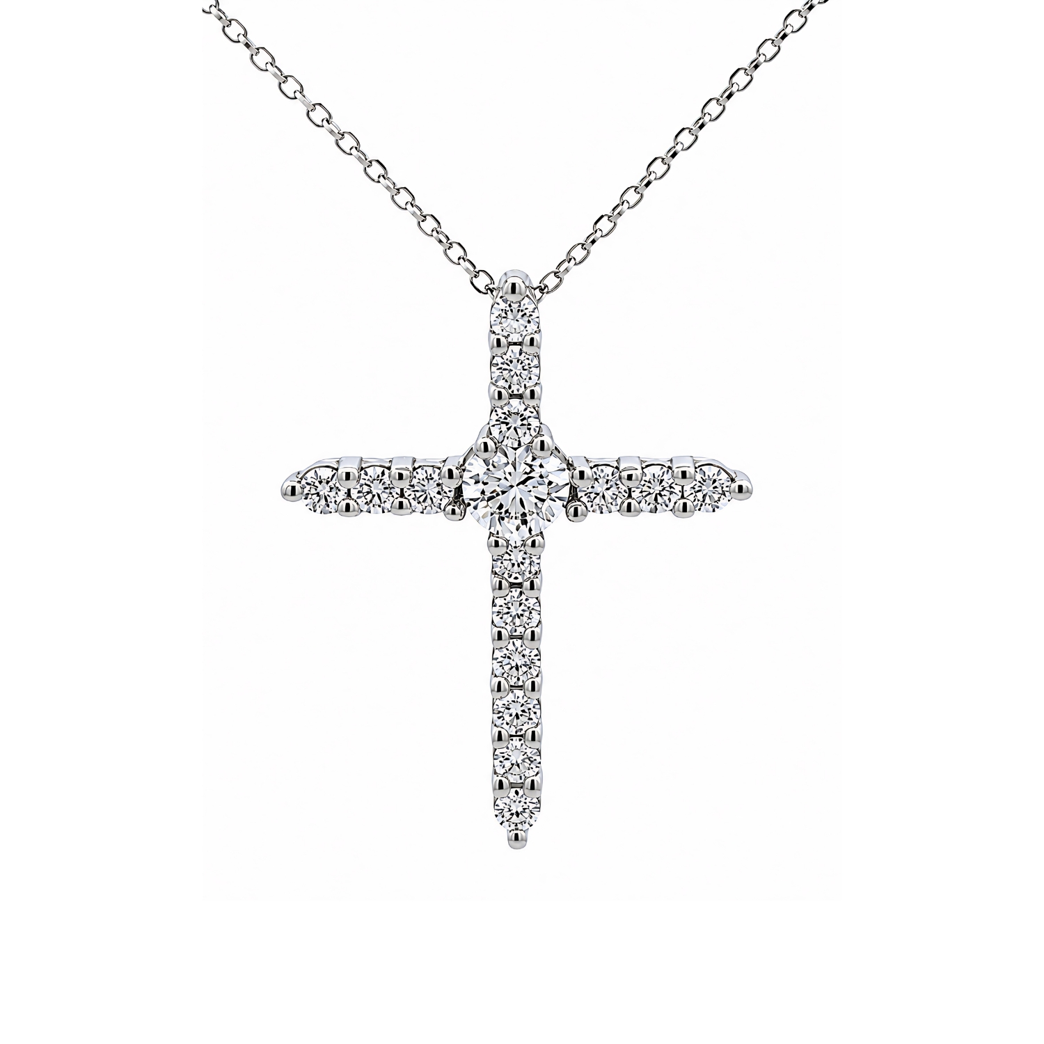 K18 WHITE GOLD CROSS WITH DIAMONDS AND HEART CENTER