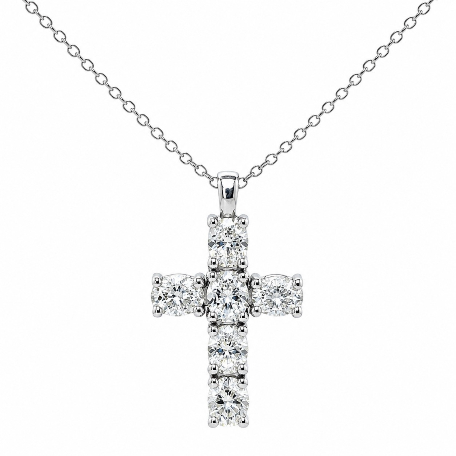 18K WHITE GOLD CROSS WITH OVAL BRILLIANT-CUT DIAMONDS