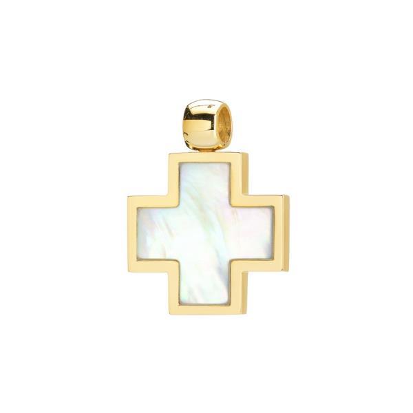 TWO-SIDED CROSS WITH ONYX AND MOTHER OF PEARL K18 YELLOW GOLD