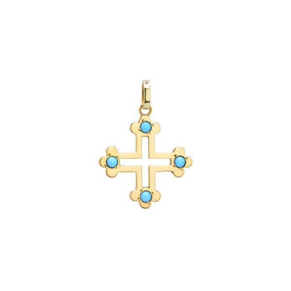 CROSS WITH TURQUOISE K14 YELLOW GOLD