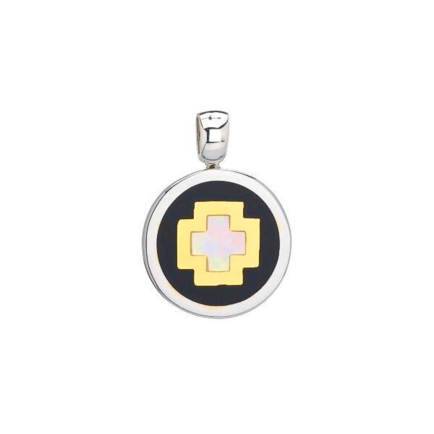 K18 GOLD IVORY CROSS IN WHITE ROUND MOTIF WITH ONYX